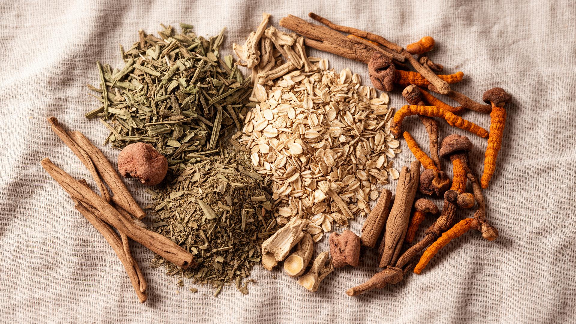 Adaptogenic herbs and dried botanicals on linen.