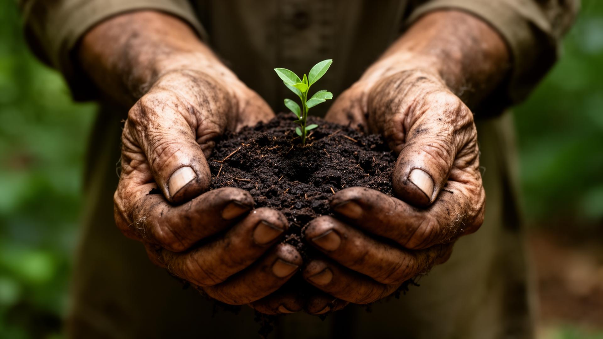 Hands in dark, rich garden soil.