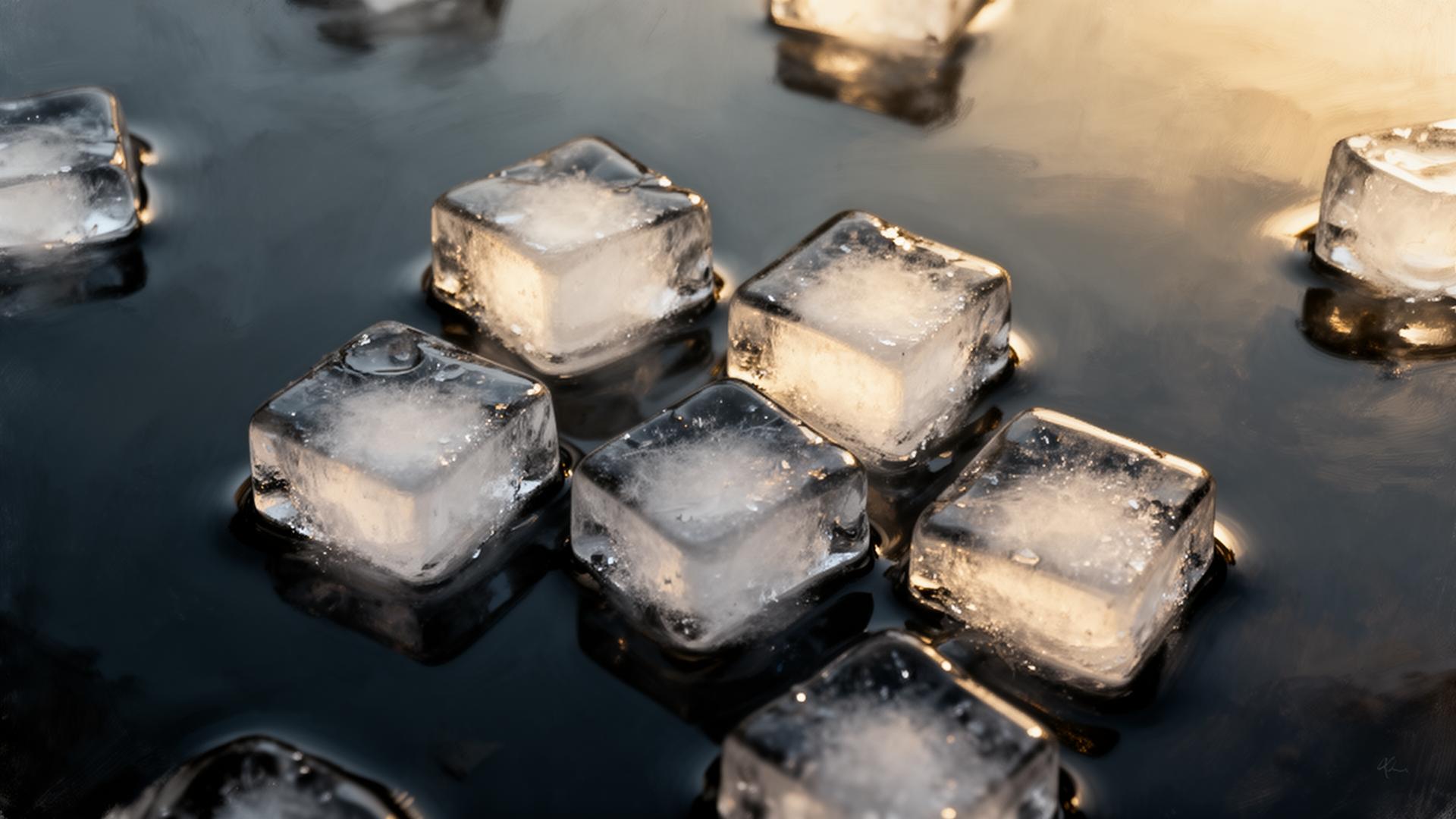 Ice floating in dark water, overhead light catching the surface.