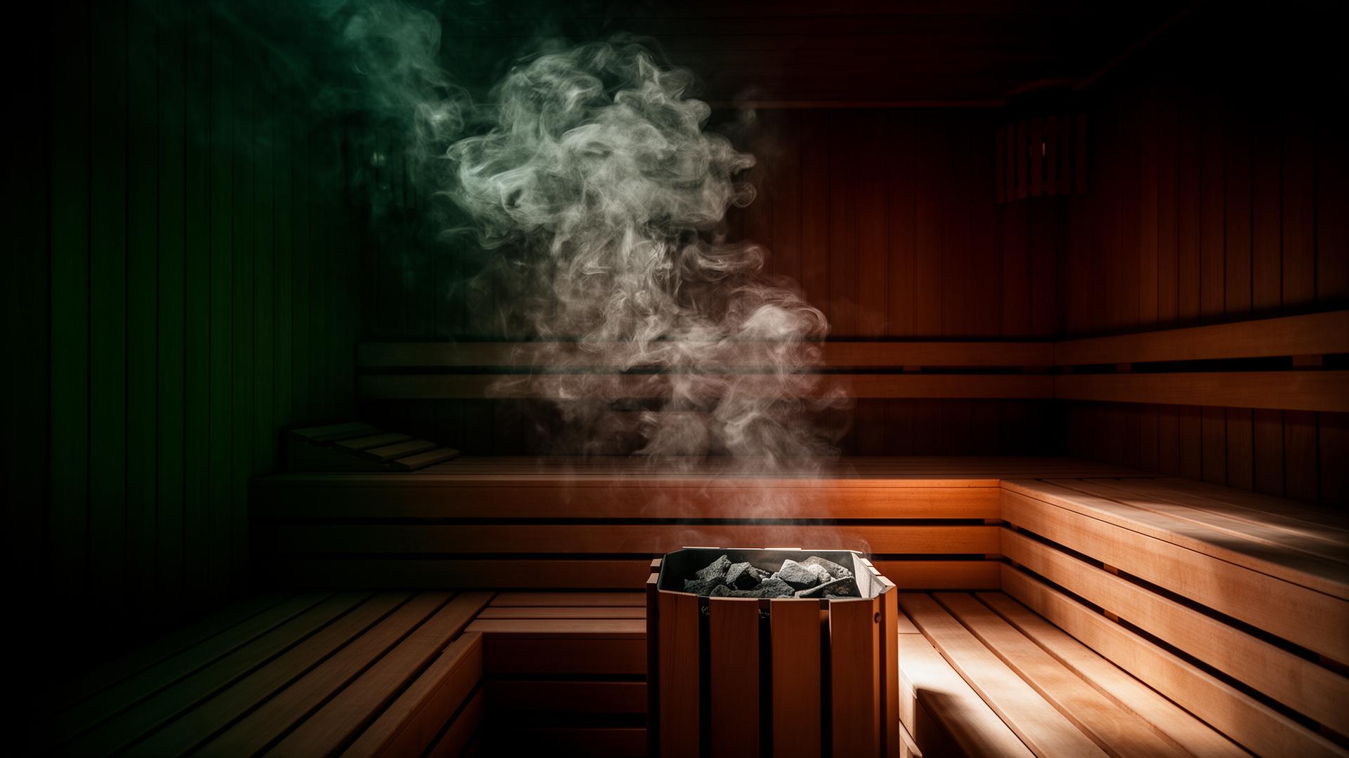 Steam rising in a wood-clad sauna, low warm light.